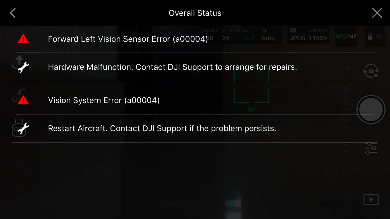 dji forward vision sensor error